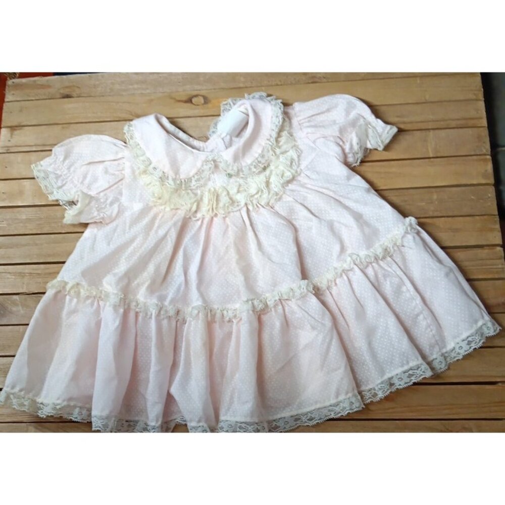 Vintage Party Circle Dress Girl Baby 6 mos Dotted Swiss & Lace USA Made Easter
